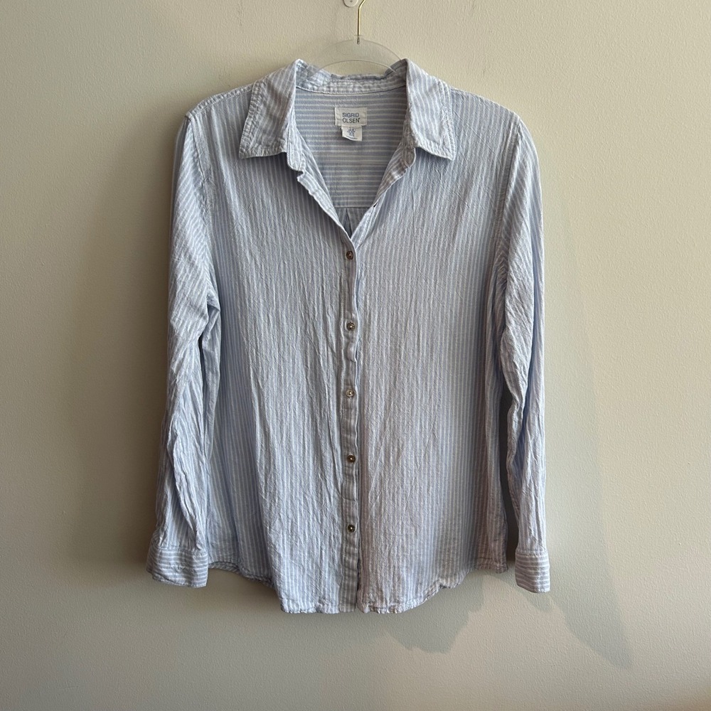 Sigrid Olsen Button Down Shirt Blue White Striped Size M Linen Blend Roll Tab